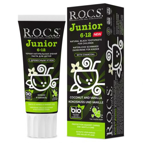 R.O.C.S. паста за зъби Junior BLACK Coconut and vanilla детска за деца от 6 до 12 год. 74 g