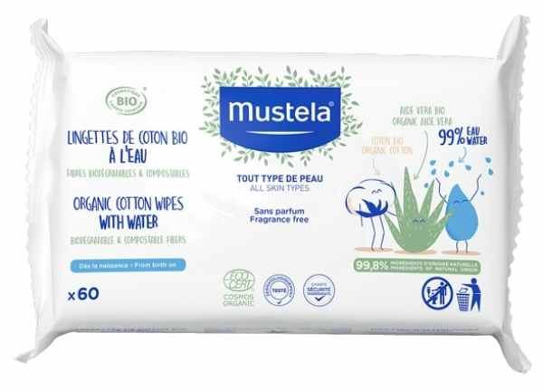 Mustela wet towels with organic cotton 99% water 60 pcs.