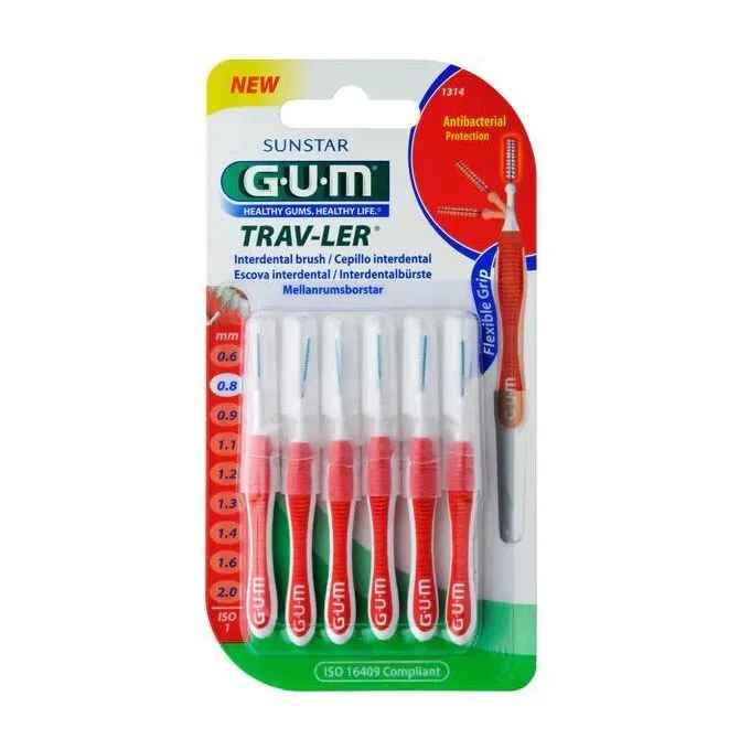 Gum интердентални четки за зъби прави; червени 0.8 mm 6 бр. блистер