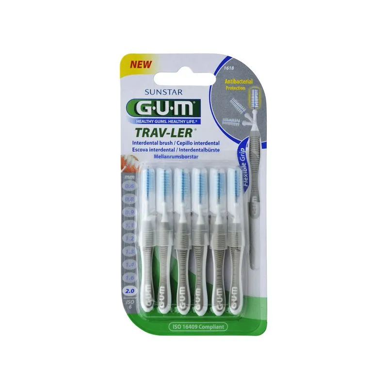 Gum интердентални четки за зъби прави; сиви 2.0 mm 6 бр. блистер